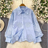French Niche Three-Dimensional Sunflower Embroidered Collar Long-Sleeved Shirt Women's Autumn 2025 Shirt Loose Thin Top