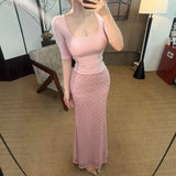Great Look Pure Wind Fog Powder Short-Sleeved T-Shirt U Collar Top Repair Waist Thin Wave Dots Hip Skirt Suit