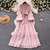 French Gentle Lantern Embroidered Dress Dress Female Spring Korean Version Of Waist Tie With Long Skirt Commuting Temperament