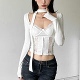 Sexy Babes Lace Spliced Long-Sleeved T-Shirt Women's Spring New Slimming Inside A Short Top