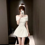 Light Luxury Rich Family Gold Pure Color Shoulder Dress Girl Small Man Waist A Short Dress Summer