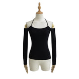 Spice Girl Slimming Thin Shoulder Shoulder Long-Sleeved T-Shirt Pure Desire Hottie Inside The Bottom Of The Tie Hanging Neck