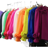 French Shirt Female Design Sense Small Three-Dimensional Flower Bubble Sleeves To Reduce The Age Of Pure Color Chiffon Shirt Women's Long-Sleeved Top