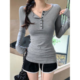 Spice Girls Button Slim Thin Long-Sleeved T-Shirted Women 2026 Spring And Autumn Simple Inside The Shoulder Student Top