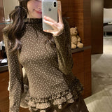 De-Huffed Brown Broken Flowers Spliced Bottom Shirt Women Autumn And Winter Half-High Collar Slimming Folding Inside Cloth