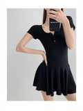 Pure Lusty Age-Dexive Gray U Collar Button Short Sleeve Dress Women Summer Waist Sports Atmosphere A Short Skirt Women