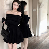 French Temperament Collar A Short Skirt Long-Sleeved Dress Girl Autumn Sweet Hottie Repair Waist Small Black Dress