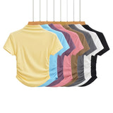 2025 Pure Lustful Wind Sexy Tight Chest Flanked Folded T-Shirt Thread Half-High Collar Short-Sleeved Top Woman
