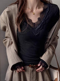 Lace Lace V-Neck Long Sleeve Shirt Lady With Autumn And Winter Thread De-Later Design Positive Shoulder T-Shirt