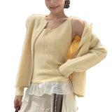 3.8/Spring New XUAN XIAO JIE Yellow Lace Splicing Vest Knitted Two-Piece Set
