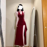 Gilat Red Hanging Neck V-Neck Dress Girl Beautiful Small Dress Sexy Open Fork Dress