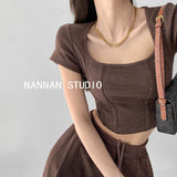 2026 Summer Design Sense Collar Short-Sleeved T-Shirt Women's Fish Bone Line T-Shirt Umbilly Umbilly Short Floral Blouse