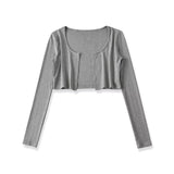 Pure Round-Neck Long Sleeves V Collar Knitted Cardigan Repair Waist Short Top Long Sleeve