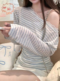 Pure Lusty T-Necked Striped Long-Sleeved T-Shirt Spring And Autumn Thin Lace Splicing To Repair The Shoulder Ins Top Long-Sleeved Woman